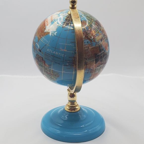 Semi-Precious Gemstone Globe 8" Stand Inlaid Brass Blue And Golden , VINTAGE - Picture 2 of 14